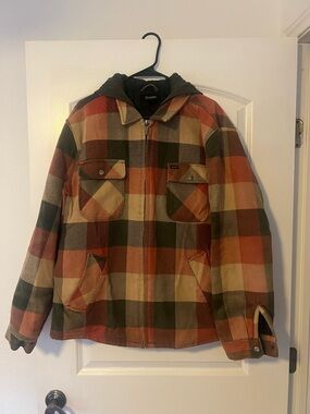 Brixton Bowery Plaid Hooded Flannel Jacket | Black/Red/Tan | Size XL